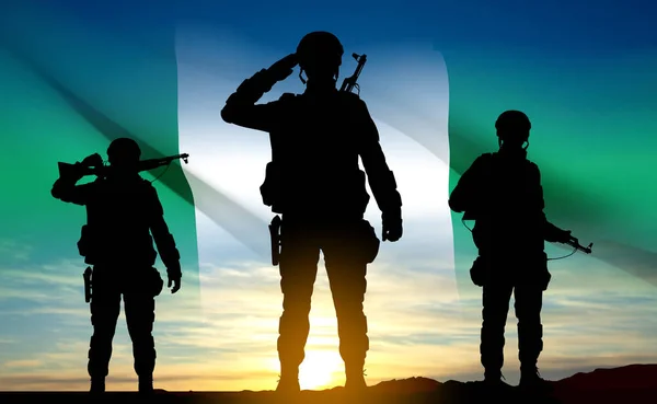 Σιλουέτες Στρατιωτών Σημαία Της Νιγηρίας Ενάντια Στο Ηλιοβασίλεμα Έννοια Ένοπλη — Διανυσματικό Αρχείο