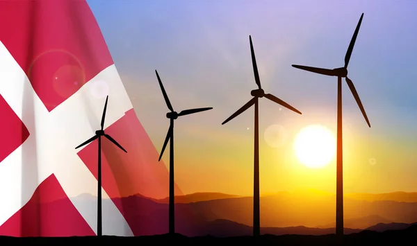 Silhueta Turbinas Eólicas Contra Pôr Sol Com Bandeira Dinamarquesa Vetor —  Vetores de Stock