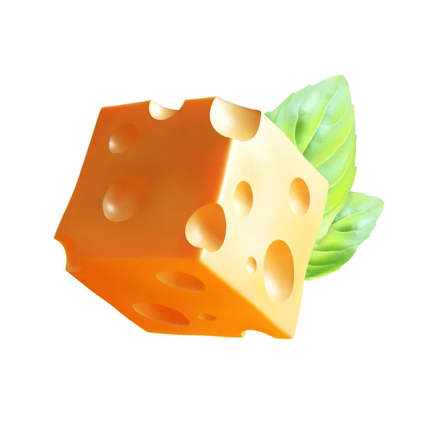 Beyaz Arka Planda Fesleğen Yapraklı Bir Küp Peynir Eps10 Vektörü — Stok Vektör