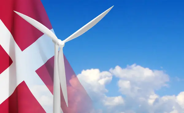 天空背景上的风力涡轮机上有丹麦国旗 Eps10病媒 — 图库矢量图片