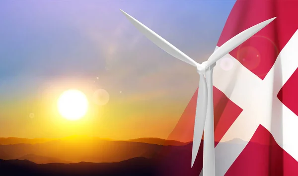 用丹麦国旗挡住日落的风力涡轮机 Eps10病媒 — 图库矢量图片