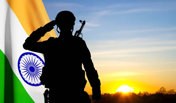 Silhouette Soldier Saluting India Flag Background Sunset Greeting Card Independence — Stock Photo, Image