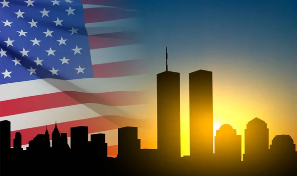 New York Skyline Silhouette Twin Towers Sunset Usa Flag 2001 — Stock Vector