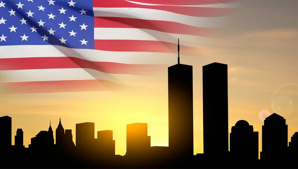 New York Városkép Sziluett Twin Towers Naplemente Ellen Amerikai Zászló — Stock Vector