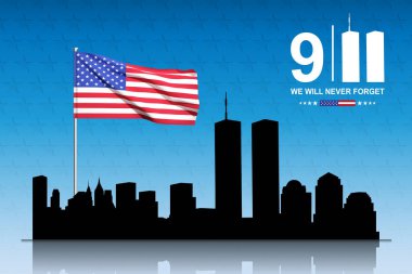 New York silueti ve İkiz Kuleler. 09.11.2001 Amerikan Vatanseverlik Günü afişi. EPS10 vektörü