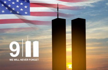 New York silueti, İkiz Kuleler ve gün batımına karşı. 09.11.2001 Amerikan Vatanseverlik Günü afişi