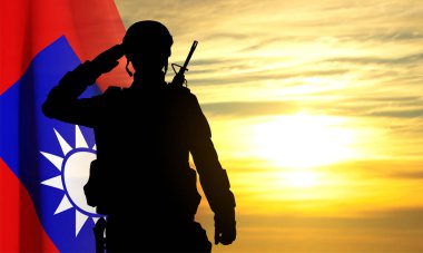 Silhouette of a soldier against the sunset with Taiwan flag. EPS10 vector