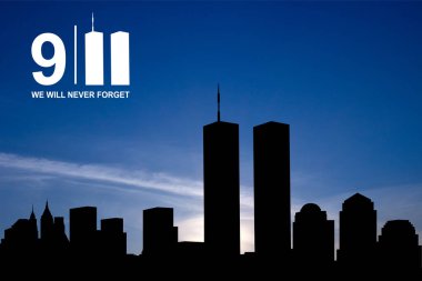 New York silueti gökyüzünün arka planında İkiz Kuleler var. 09.11.2001 Amerikan Vatanseverlik Günü afişi