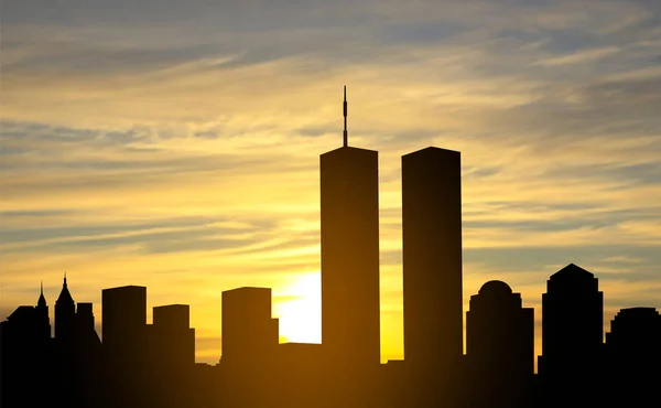 New York Skyline Silhouette Con Twin Towers Contro Tramonto 2001 — Vettoriale Stock