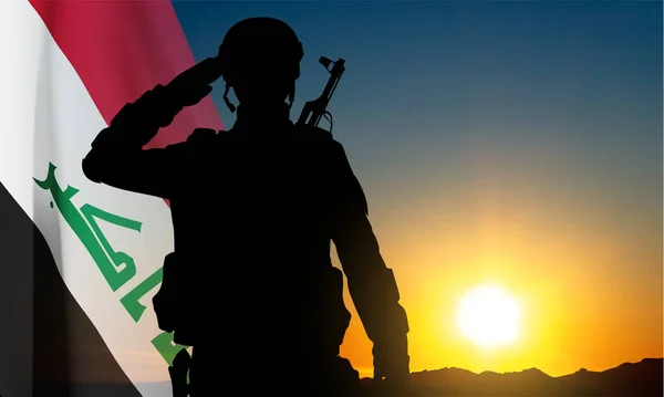 Silhouet Van Een Soldaat Met Irak Vlag Tegen Zonsondergang Eps10 — Stockvector