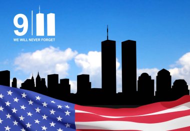 New York silueti gökyüzünün arka planında İkiz Kuleler var. 09.11.2001 Amerikan Vatanseverlik Günü afişi. EPS10 vektörü