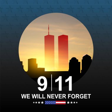 New York silueti ve İkiz Kuleler. 09.11.2001 Amerikan Vatanseverlik Günü afişi. NYC Dünya Ticaret Merkezi. EPS10 vektörü