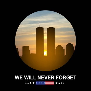 New York silueti ve İkiz Kuleler. 09.11.2001 Amerikan Vatanseverlik Günü afişi. NYC Dünya Ticaret Merkezi