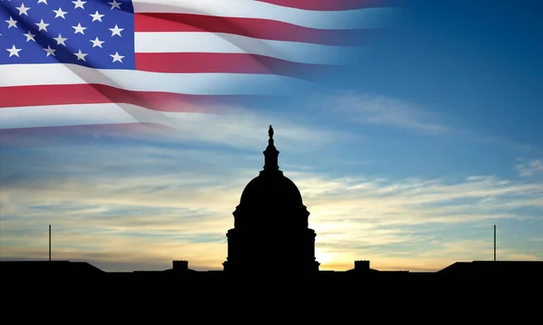Gedung Siluet Capitol Amerika Serikat Dan Bendera Saat Matahari Terbenam - Stok Vektor