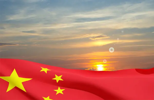 Flag of China against the sunset. National day of the People\'s Republic of China. 1st October.