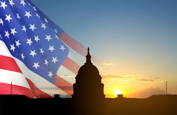 Egyesült Államok Capitol Épület Sziluett Amerikai Zászlók Naplementekor — Stock Fotó
