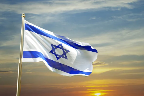 Flaga Izraela Gwiazdą Dawida Przed Zachodem Słońca Patriotyczna Koncepcja Renderowanie — Zdjęcie stockowe