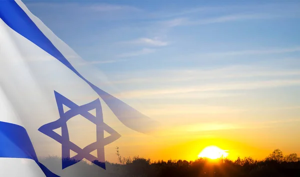 Israel Fahne Mit Davidstern Gegen Den Sonnenuntergang Patriotischer Hintergrund — Stockfoto