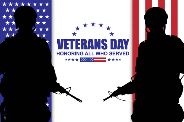 Veteranen Dag Poster Silhouet Van Amerikaanse Militaire Soldaat Eps10 Vector — Stockvector