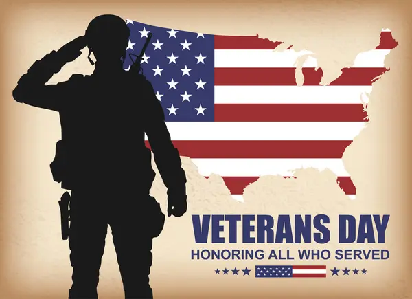 Plakat Dnia Weteranów Sylwetka Żołnierza Salutującego Armii Usa Wektor Eps10 — Wektor stockowy