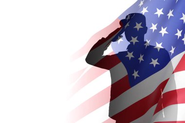 Beyaz arka planda Amerikan bayrağı olan asker silueti. EPS10 vektörü