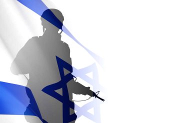 Silhouette of soldier with Israel flag on white background. Concept - armed forces of Israel. EPS10 vector