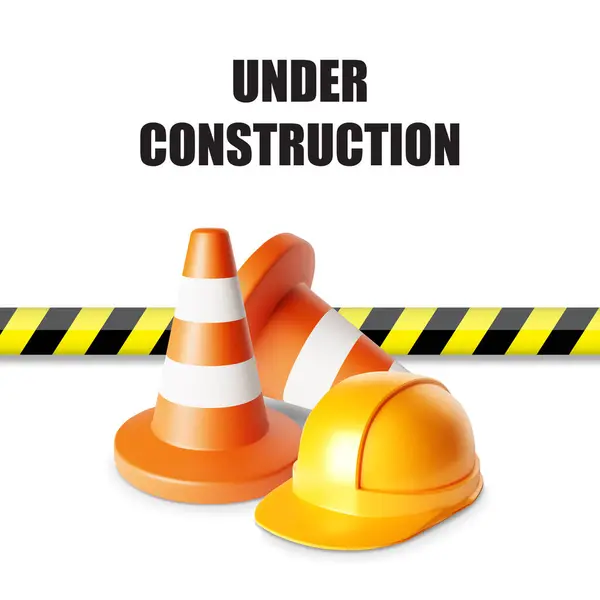 Orange Traffic Cone Construction Helmet Warning Stripe White Background Construction — Stock Vector