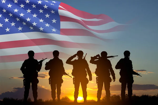 Silhouettes of army soldiers with USA flag. Greeting card for Veterans Day, Memorial Day, Independence Day. Armed Force concept