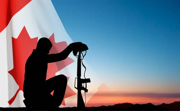 Силует Солдата Колінах Канадським Прапором Проти Заходу Сонця Вітальна Листівка — стоковий вектор