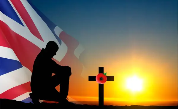 Silhouette Soldier Kneeling Grave United Kingdom Flag Sunset Remembrance Day — Stock Vector