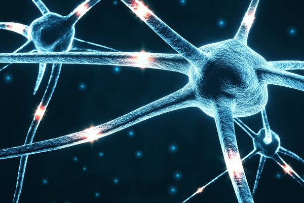 Neuron cells with glowing link knots. 3d-rendering
