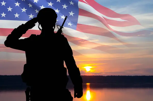 Silhouettes of army soldiers with USA flag. Greeting card for Veterans Day, Memorial Day, Independence Day. Armed Force concept