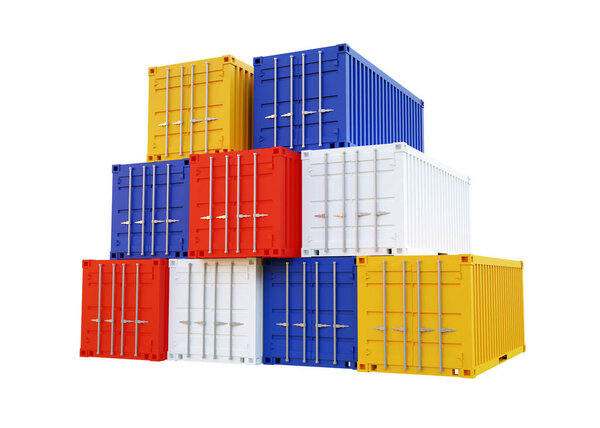 Металлические грузовые контейнеры изолированы на белом фоне. 3D-рендеринг