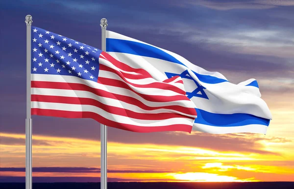 Die Flagge Der Usa Und Israels Gegen Den Sonnenuntergang Beziehungskonzept — Stockfoto