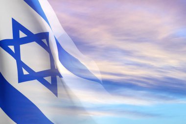 Israel flag with a star of David on sky background. Banner with place for text clipart