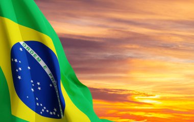 Gün batımına karşı Brezilya bayrağı. Vatansever bir geçmiş. Ulusal tatiller için arka plan