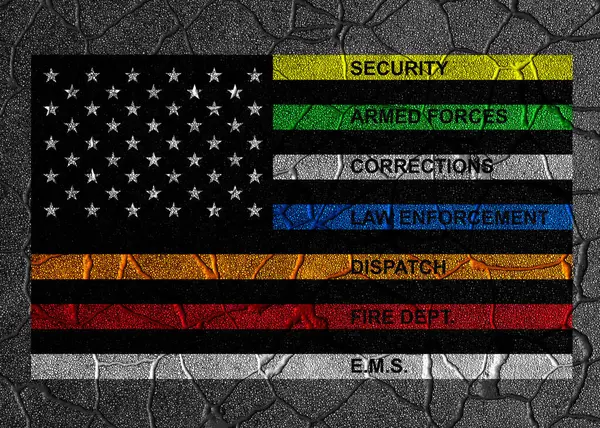 Thin Line First Responder American flag on black textured background. Grunge style
