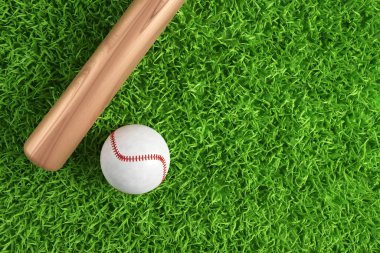 Beyzbol topu ve yeşil çimlerde fotokopi alanı olan beyzbol sopası. 3d oluşturma