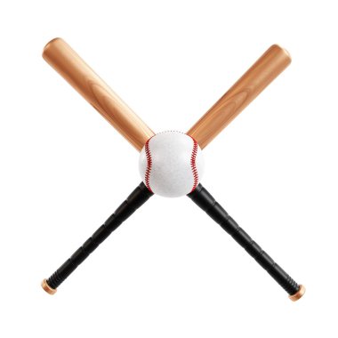 Beyzbol sopaları çapraz ve top beyaz arka planda izole. 3d oluşturma