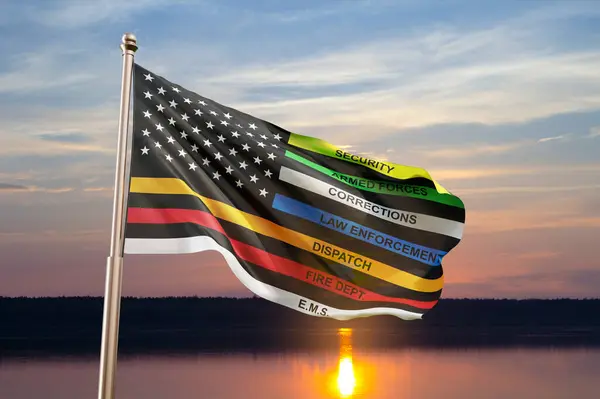 Thin Line First Responder flag against the sunset. 3d-rendering
