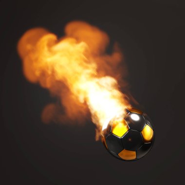 Siyah arka planda futbol topu yanıyor. 3d oluşturma