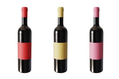 Beyaz arka planda izole edilmiş şarap şişeleri. 3d oluşturma