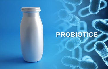 Probiyotik ürünler. Kavram: Probiyotik içerikli yoğurt. Mavi arka planda mikrobiyom. 3d oluşturma