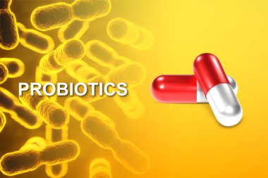Probiyotik ürünler. Kavram - probiyotik içerikli haplar. 3d oluşturma