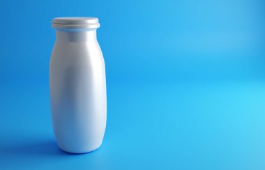 Mavi arka planda yoğurt şişesi. 3d oluşturma