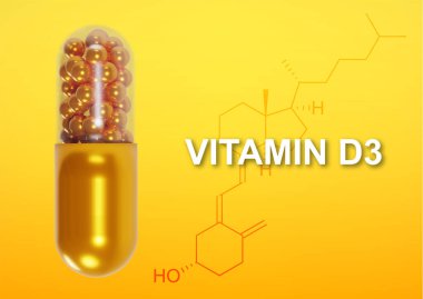Sarı zemin üzerinde kimyasal formül D3 vitamini olan haplar. 3d oluşturma