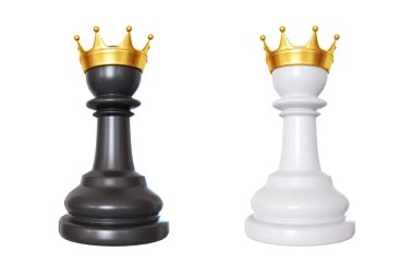 Beyaz arka planda izole edilmiş tacı olan siyah beyaz piyon. 3d oluşturma