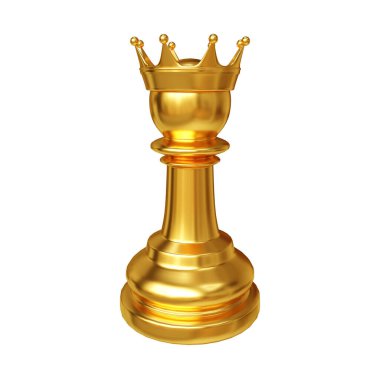 Beyaz arka planda izole edilmiş tacın içindeki altın piyon. 3d oluşturma