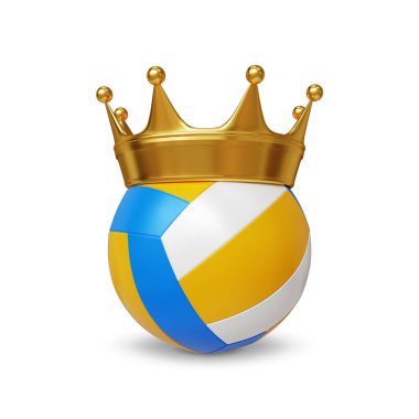 Beyaz arka planda kraliyet tacına sahip voleybol topu. Sporun kralı. 3d oluşturma