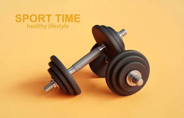 Dumbbell on orange background. Sport equipment. Gym time concept. 3d-rendering